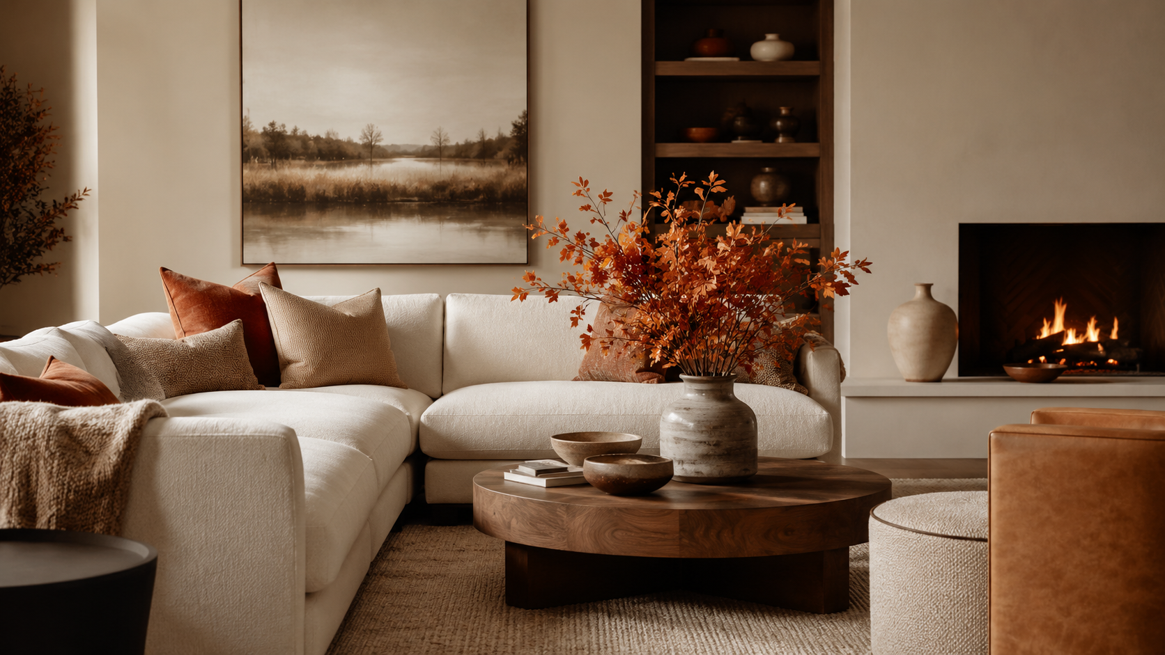 Elegant living room using ivory, camel, walnut and muted persimmon in a balanced luxury palette